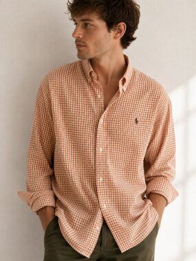 Ralph Lauren Blue Label Men's Orange Gingham Classic Fit Button Down Shirt